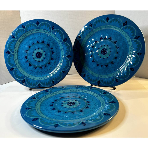IL Mulino New York Set Of (5) 100% Melamine Turquoise Blue Abstract Print Plates - Picture 1 of 10
